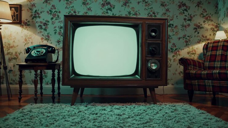 Sala de estar retrô com TV vintage e telefone rotativo, capturada de um ângulo baixo