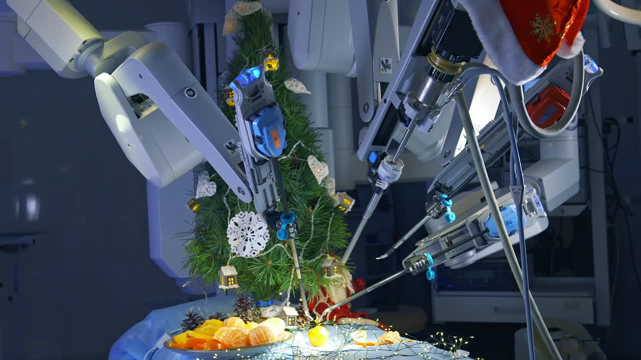 Futuristic robotic equipment for New year. Robotic arms peeling mandarin on table. Modern engineering. New machinery for Christmas preparation.