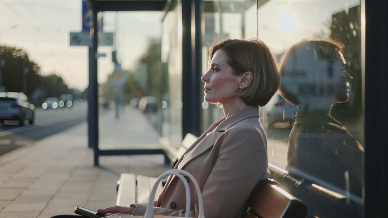 Passeggero in attesa con un cappotto beige alla fermata, che sistema la borsa e il telefono mentre la luce del sole crea un bagliore, con spazio per il testo.