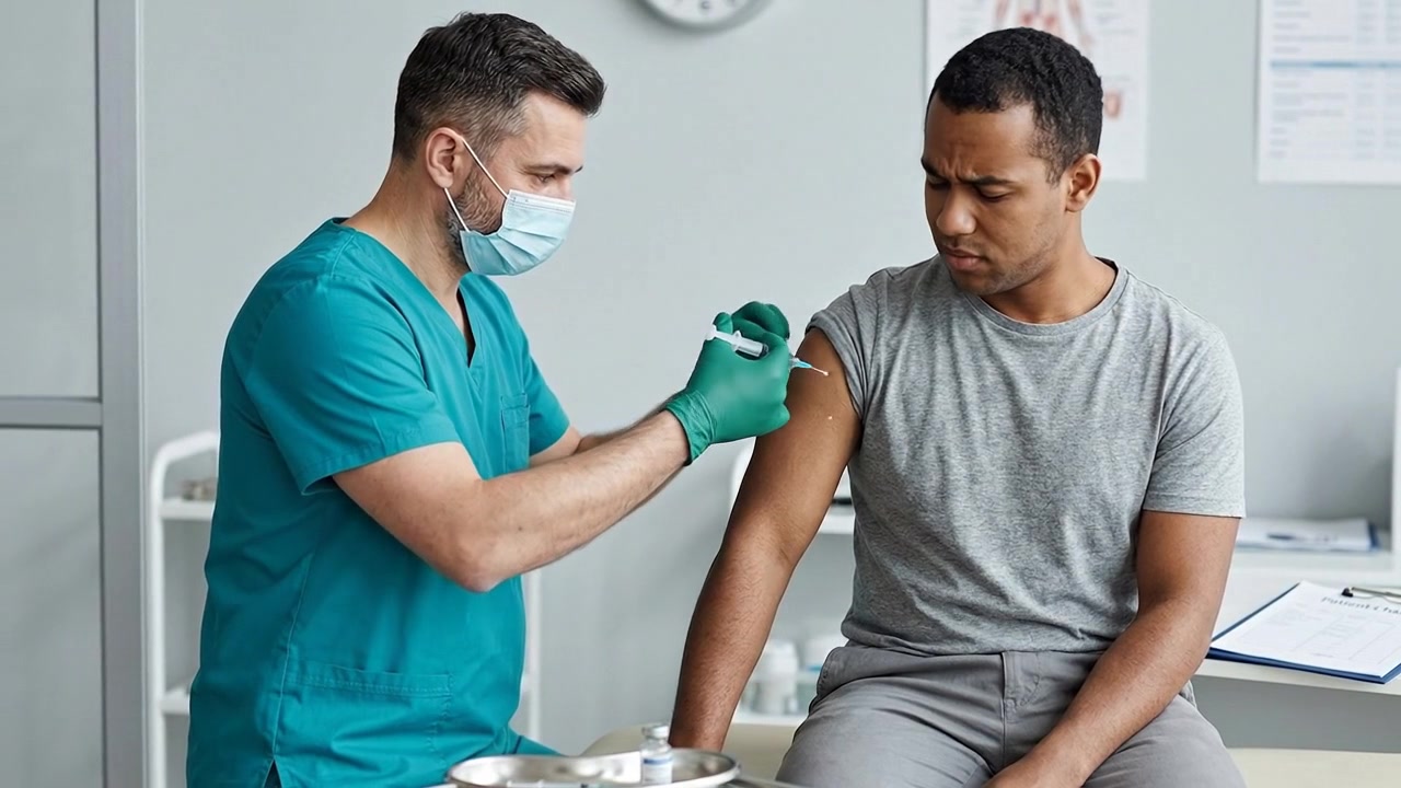 Male Nurse Administering Vaccine Injection to Patient in Clinic