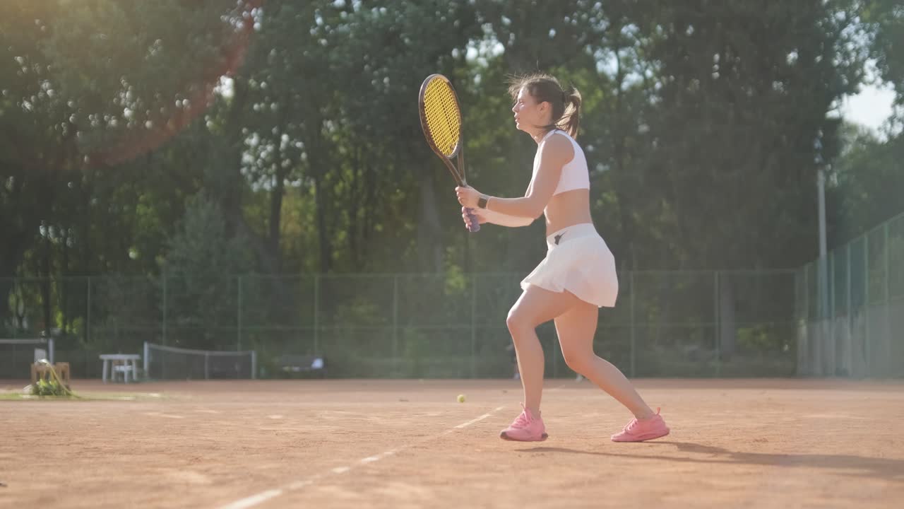 En ung kvinne trener tennis på en utendørsbane med en trener. Treneren veileder mens spilleren jobber med teknikken sin, og perfeksjonerer slagene i en atletisk treningsøkt