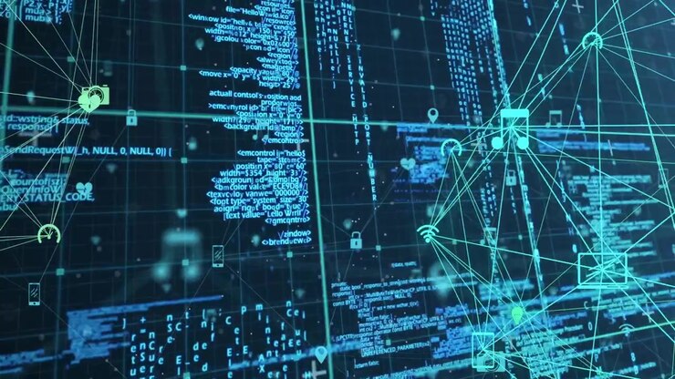 Camera panning right, network graph forming and connecting icon nodes visualizing data over code