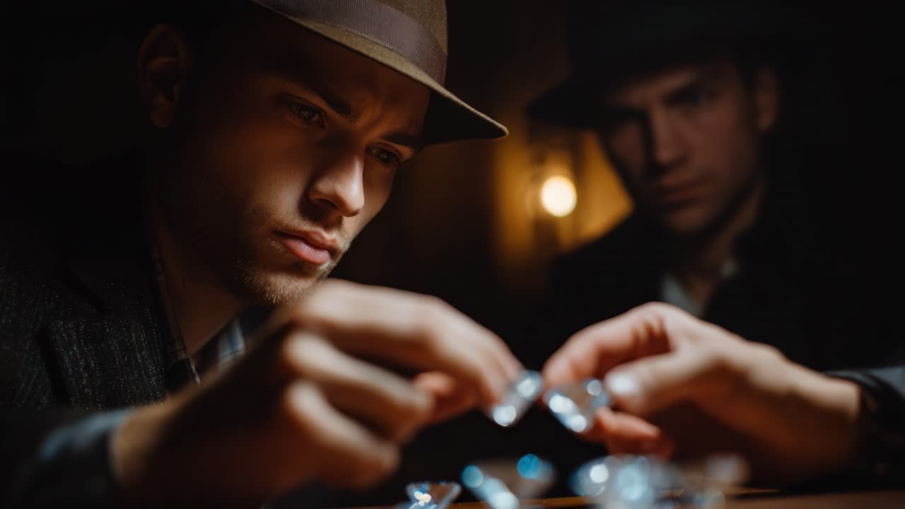 Intense Focus on Precious Gems: Two Individuals Analyzing Diamonds Under Dim Lighting in a Suspenseful Setting, Highlighting Intrigue and Suspicion