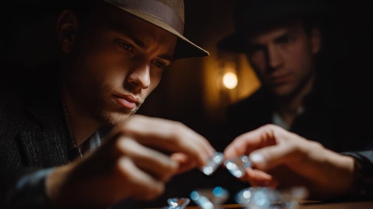 Intense Focus on Precious Gems: Two Individuals Analyzing Diamonds Under Dim Lighting in a Suspenseful Setting, Highlighting Intrigue and Suspicion