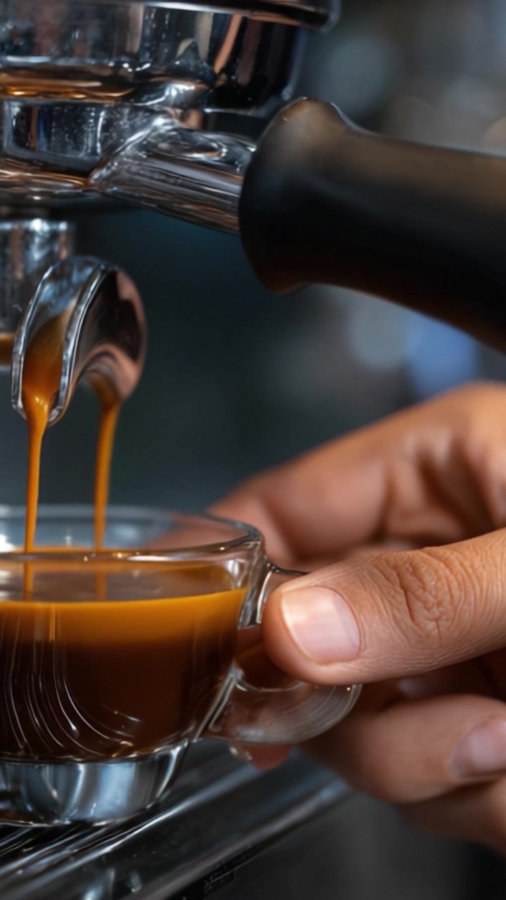 Un barista estrae con maestria un ricco shot di espresso in una tazza di vetro, catturando l'essenza della perfetta tecnica di preparazione del caffè e dell'artigianalità in un ambiente da caffè
