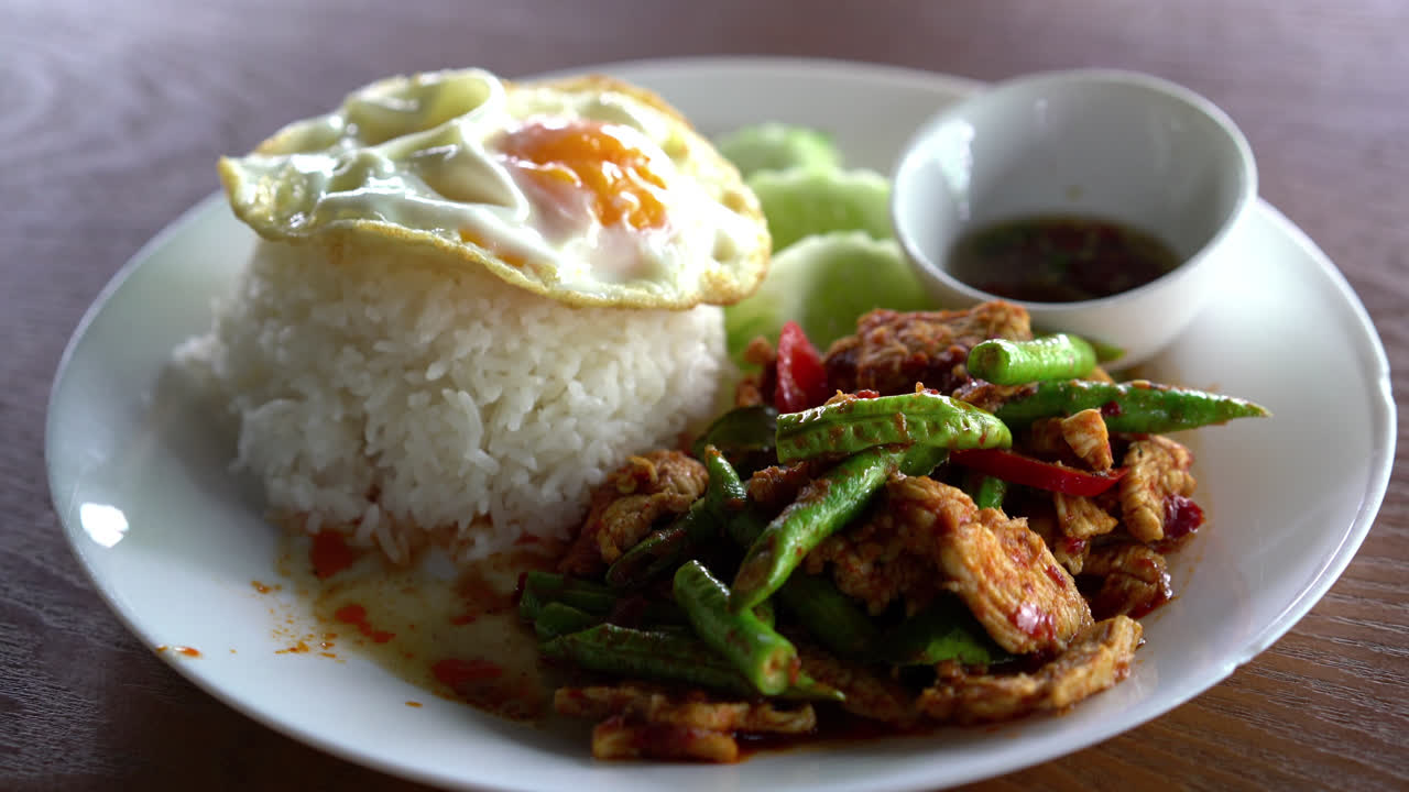 밥과 달걀 후라이를 곁들인 레드 카레 페이스트에 튀긴 돼지고기 볶음