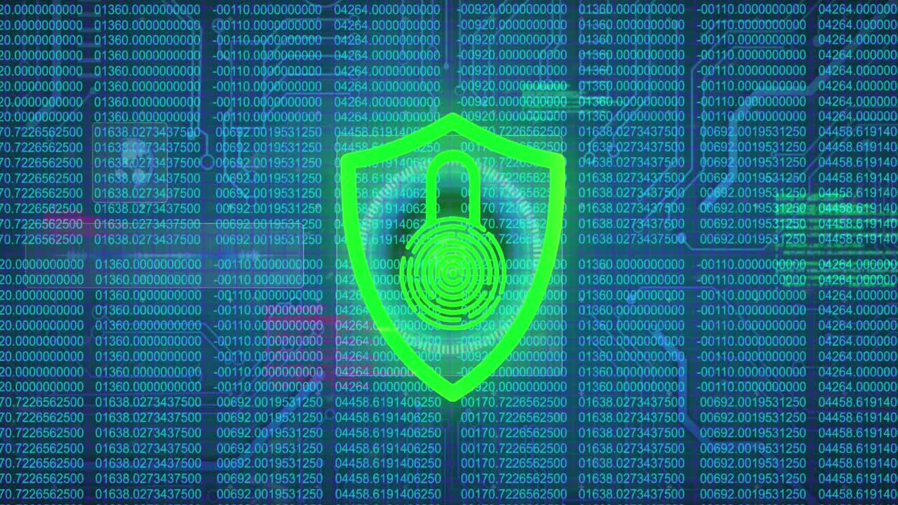 animazione dell'icona del lucchetto di sicurezza sulle connessioni del processore di dati, dello scanner rotondo e del microprocessore.