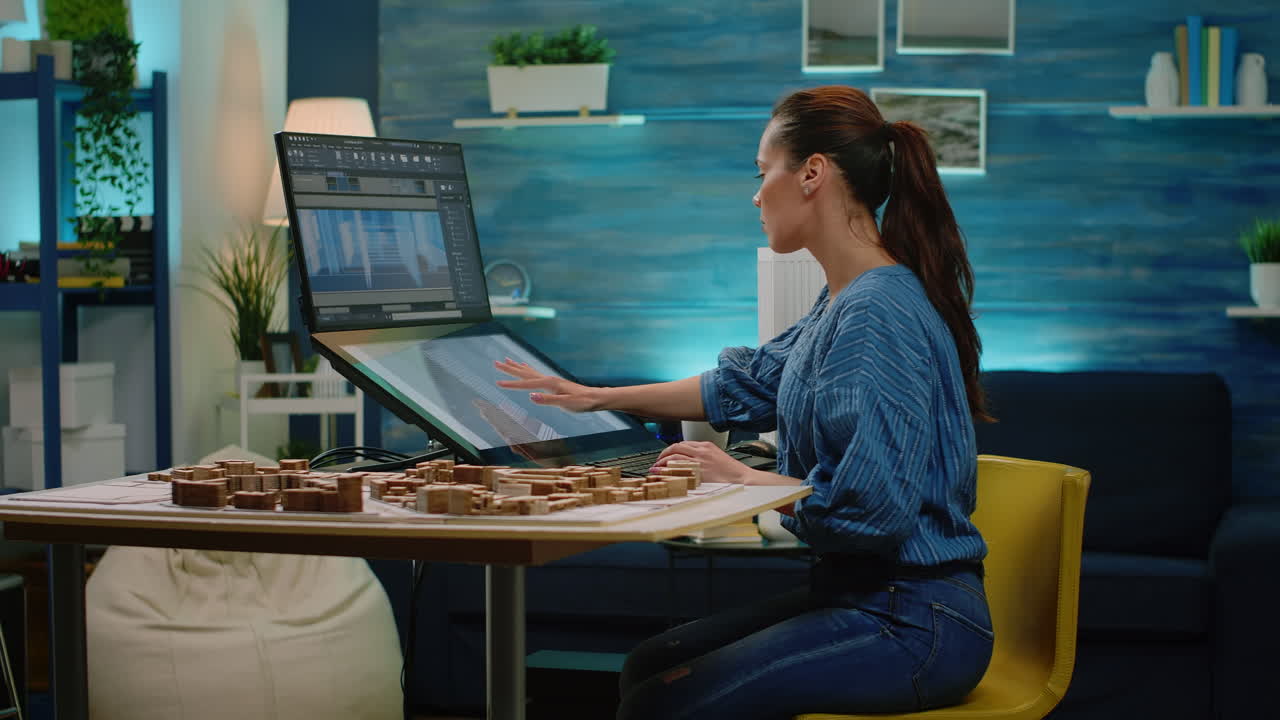 Engineer woman analyzing virtual maquette on computer
