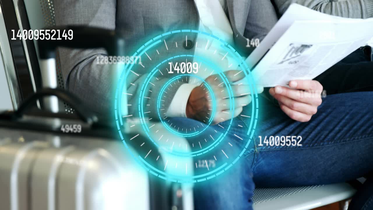 Man opening BUSINESS NEWS showing HUD on hands and suitcase for market scan, woman leaning reading
