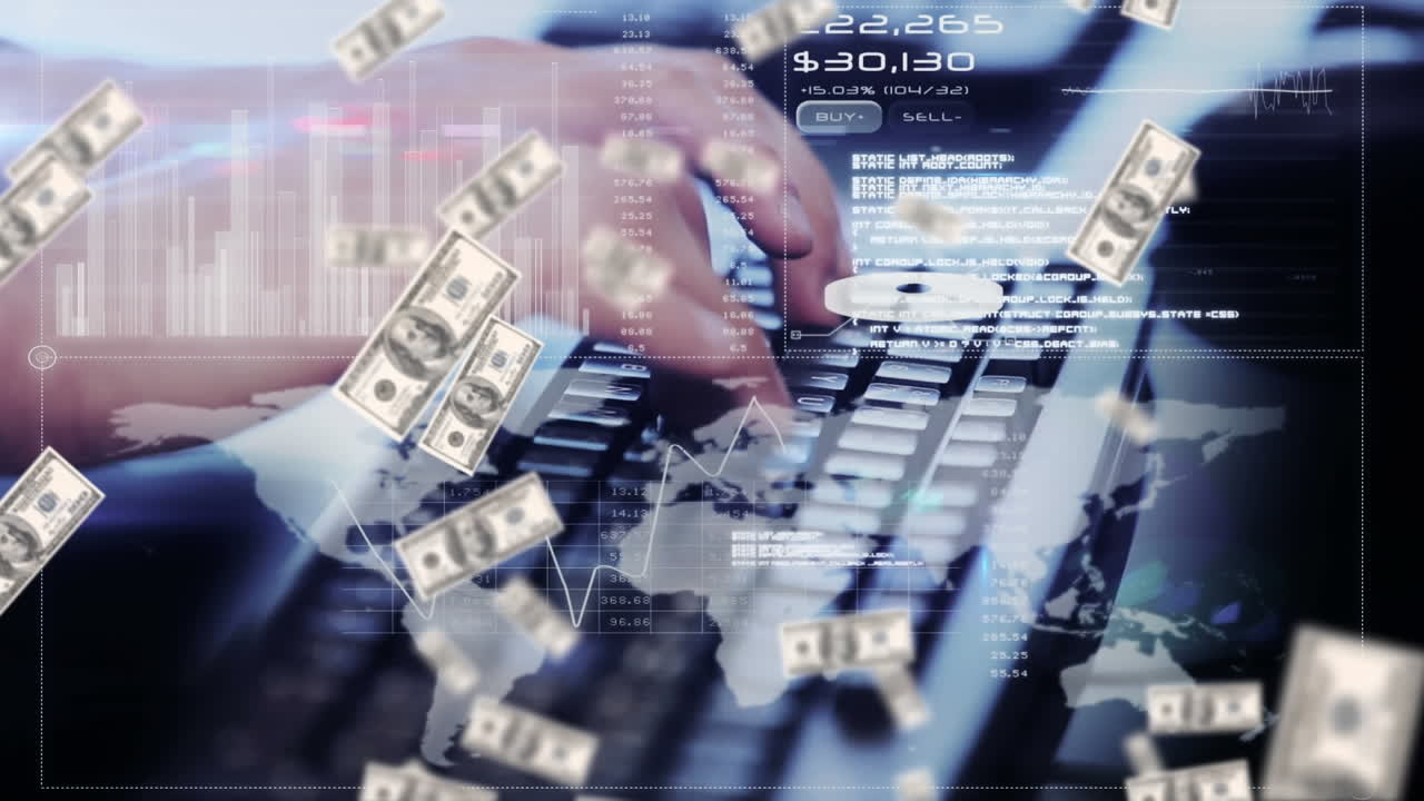 데이터 프로세싱과 키보드에 타이핑하는 여성에 떨어지는 미국 달러 지폐의 애니메이션