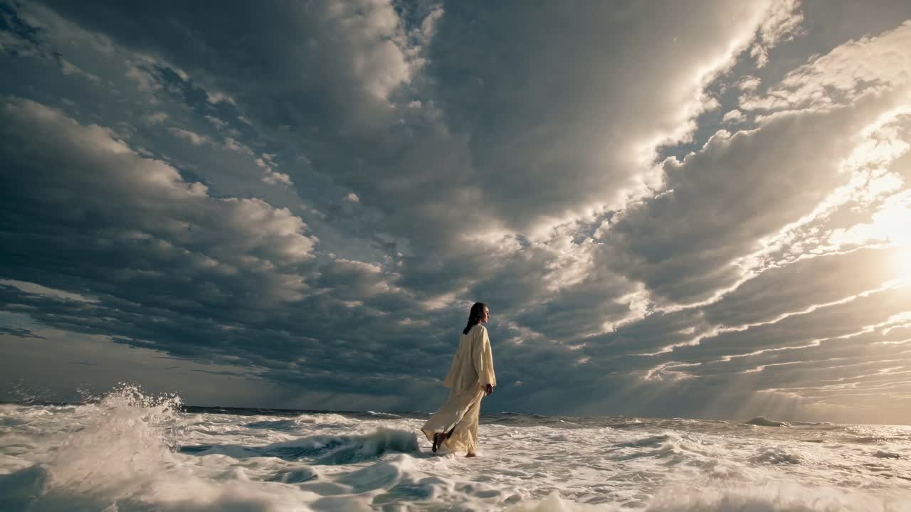 A dramatic video scene captures a person in a flowing robe walking on water under a cloudy sky