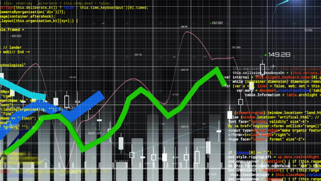 Animación de gráficos y procesamiento de datos sobre una cuadrícula en fondo negro.