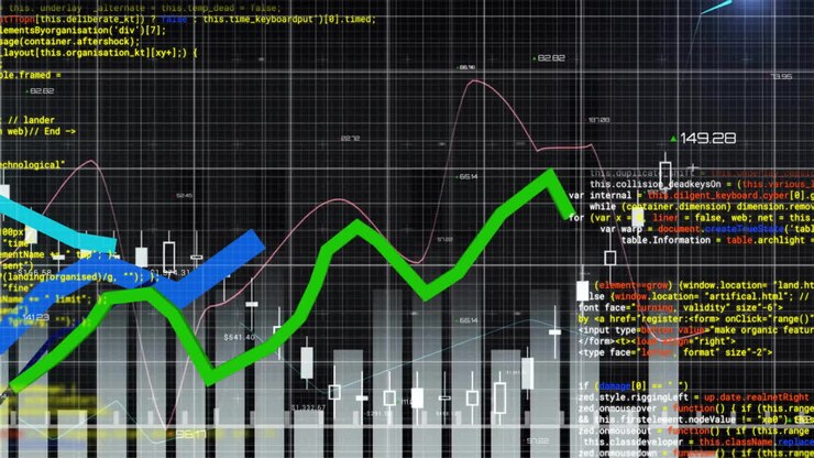 Animación de gráficos y procesamiento de datos sobre una cuadrícula en fondo negro.