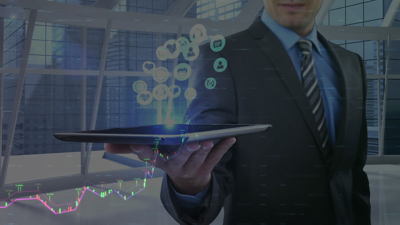 Animación de la sección media de empresario caucásico con tablet, iconos y gráficos