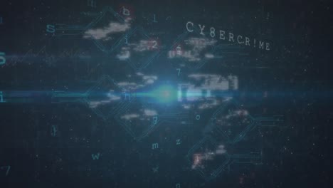 animación de iconos digitales, puntos de luz y procesamiento de datos de seguridad cibernética contra un fondo azul