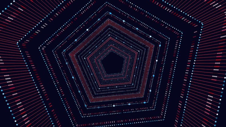 Abstract hexagonal digital illustration symmetrical red and black lines on dark background