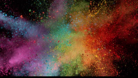 super slow motion of colored powder explosion isolated on dark background.