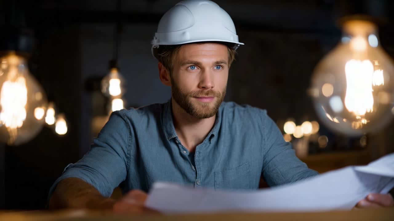 Focused construction worker in a hard hat analyzing blueprints under warm lighting, showcasing attention to detail and dedication towards project planning in an industrial environment