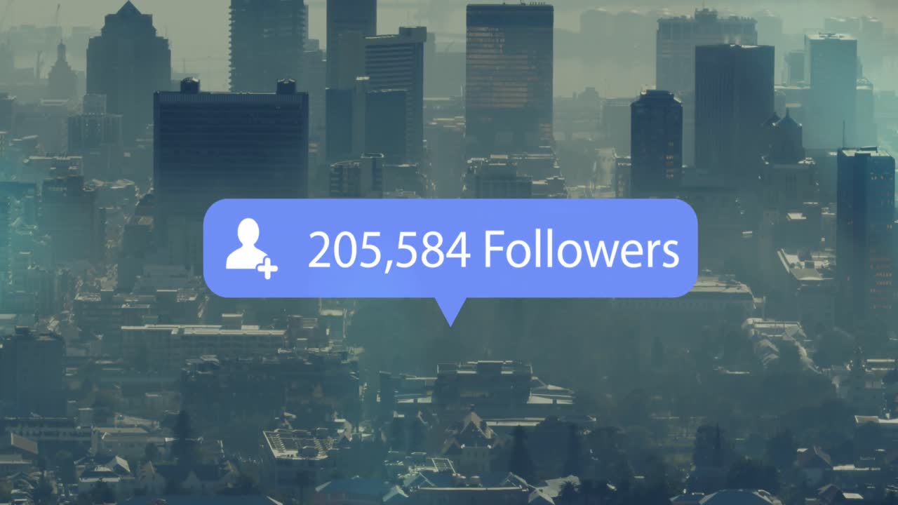 Animation of changing numbers and followers text in notification icon over modern city