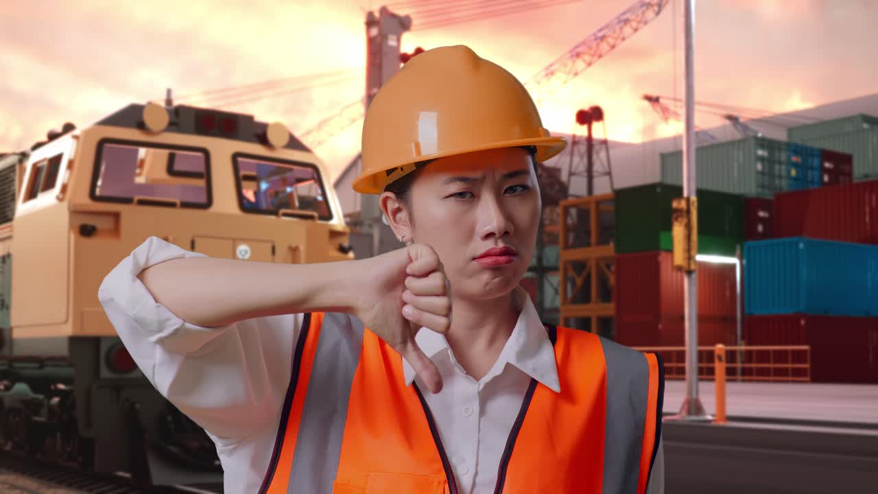 Close Up Of Asian Female Engineer With Safety Helmet Showing Thumbs Down Gesture And Shaking Her Head With Freight Cargo Train At Port