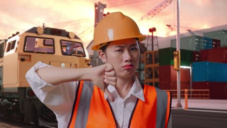 close up of asian female engineer with safety helmet showing thumbs down gesture and shaking her head with freight cargo train at port