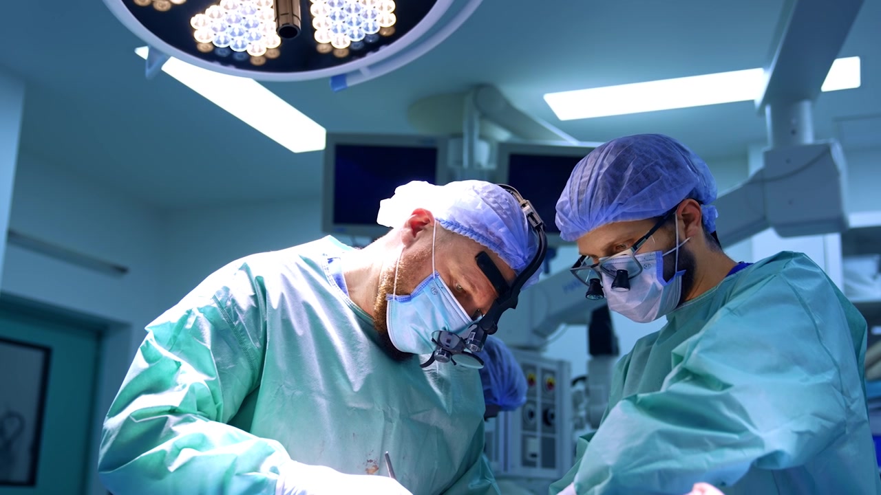 Chirurghi con occhialini chirurgici sono concentrati sull'operazione. Due medici uomini collaborano all'intervento.