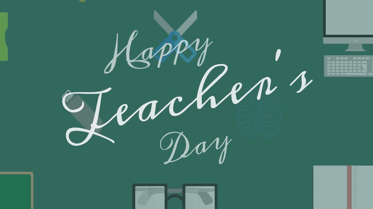 Animação de texto "Feliz Dia dos Professores" sobre ícones de itens escolares