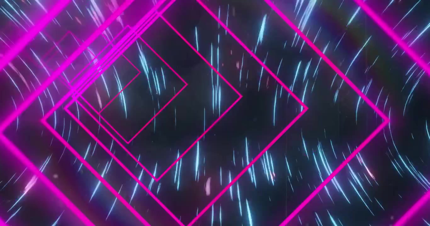 Animazione di triangoli al neon viola e rosa in uno spazio digitale bianco.