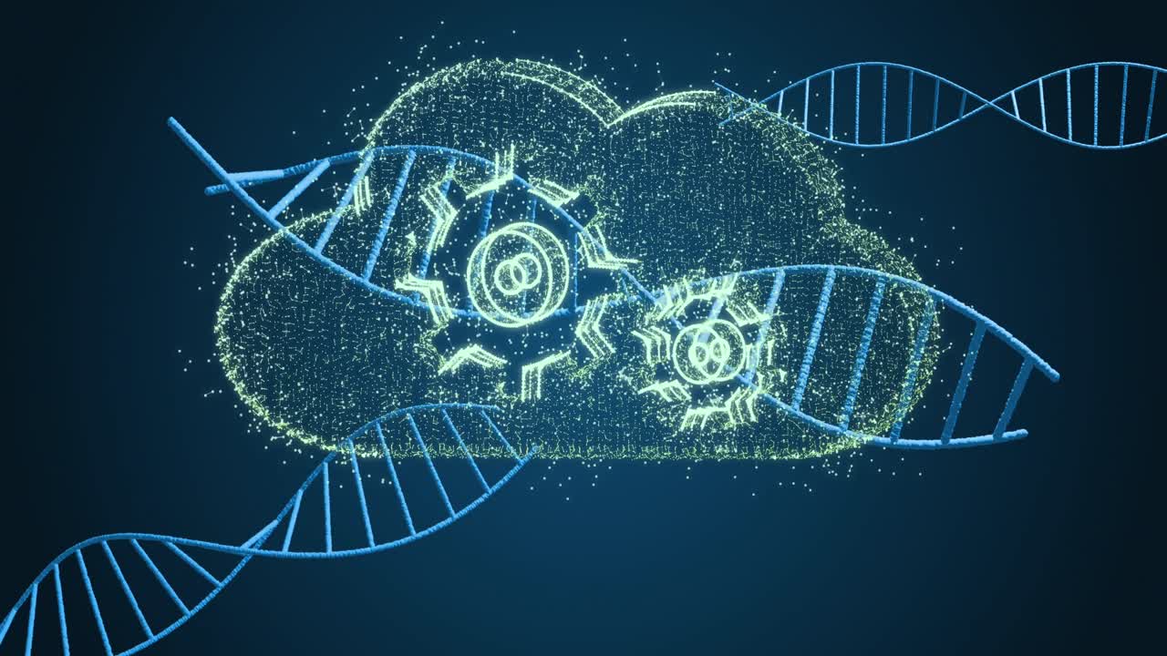 Animation of dna strand, cogs and cloud on dark background