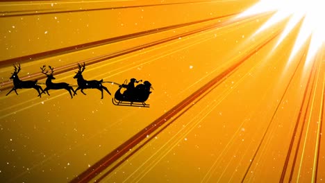 Snow-falling-over-santa-claus-in-sleigh-being-pulled-by-reindeers-radial-rays-on-yellow-background