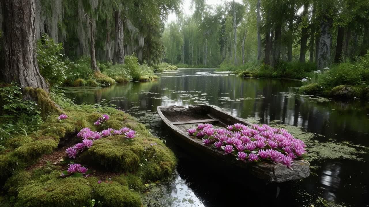 A Serene Journey Through a Lush Wetland with a Rustic Boat Adorned by Vibrant Pink Water Lilies Amidst Towering Trees and Reflective Waters