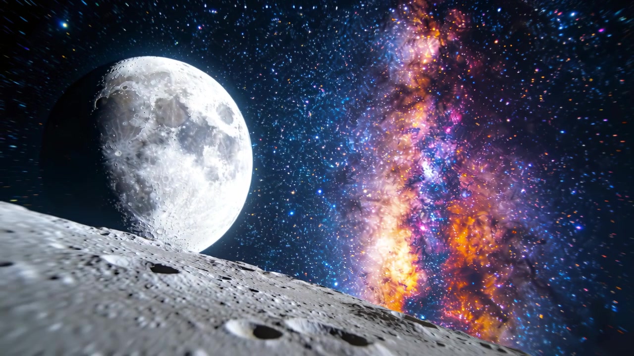 Ponto de vista da câmera inclinando e deslizando sobre a superfície lunar, revelando a Lua, a Via Láctea e detalhes de crateras.