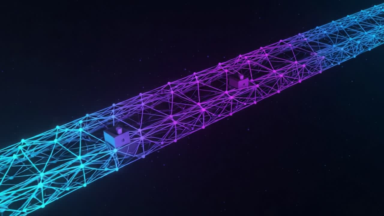 Exploration of interconnected structures represented through vibrant networks of nodes and connections, showcasing a futuristic design with a blend of purple and blue hues