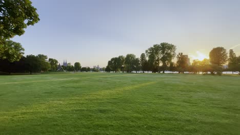 empty meadow of the rheinpark in cologne at sunset with the cathedral in the background in germany