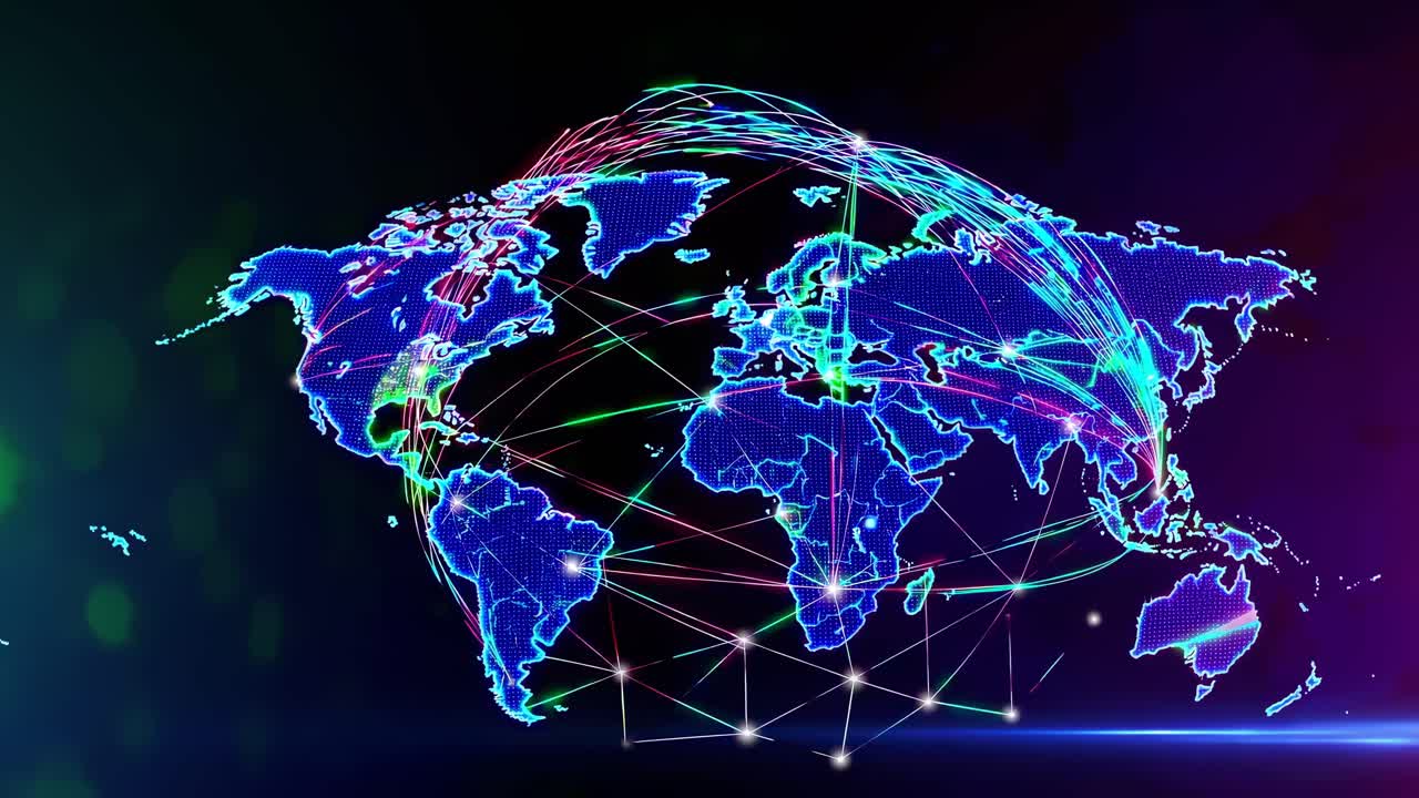 Futuristic video concept of a digital world map with neon lines and nodes, viewed from a high-angle