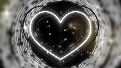 animación de un globo de corazón de neón y círculos giratorios sobre fondo negro