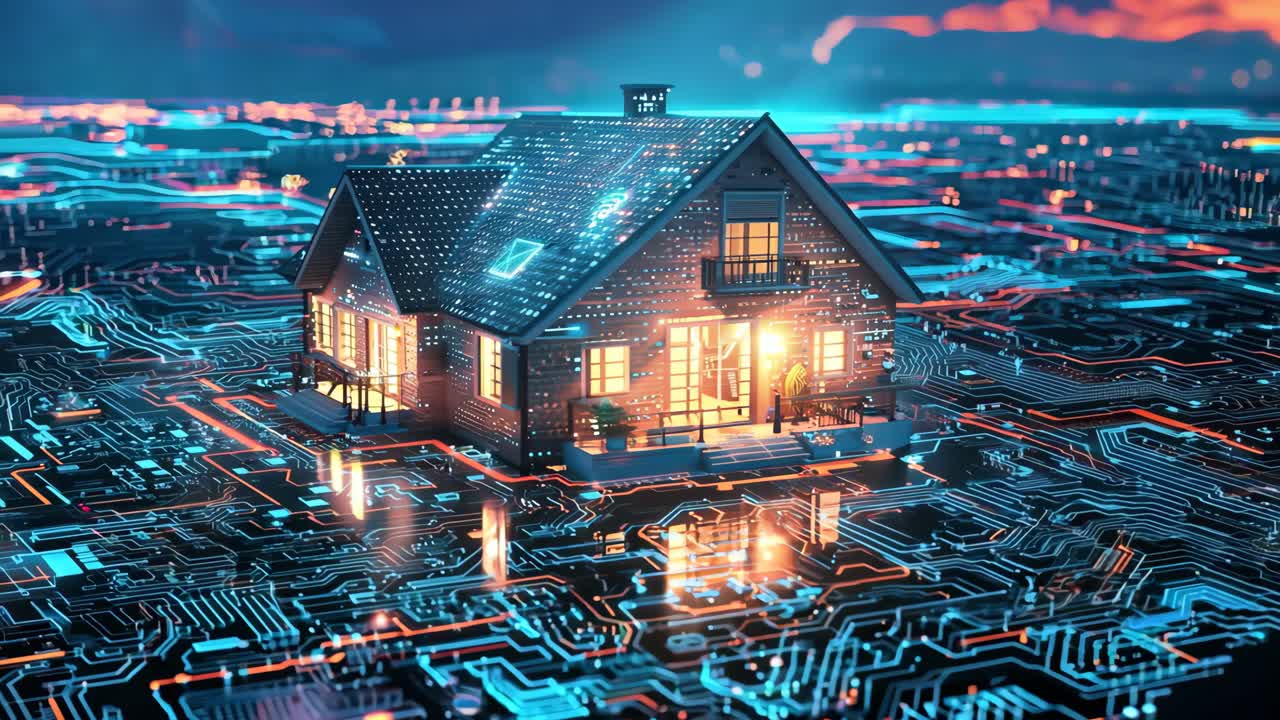 A house is shown in a cityscape with lights and wires surrounding it. The house is lit up and he is a futuristic home