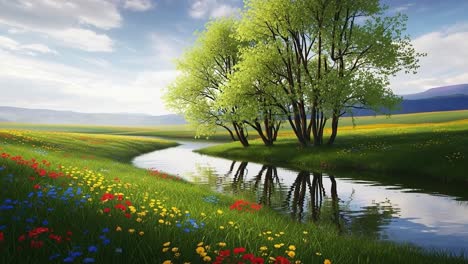 a serene landscape of lush green trees and blooming flowers by a tranquil stream with a scenic view of nature's beauty and harmony under a bright sky