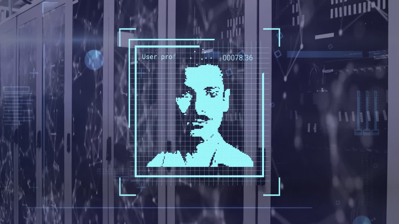 animación del procesamiento de fotos y datos biométricos a través de servidores informáticos