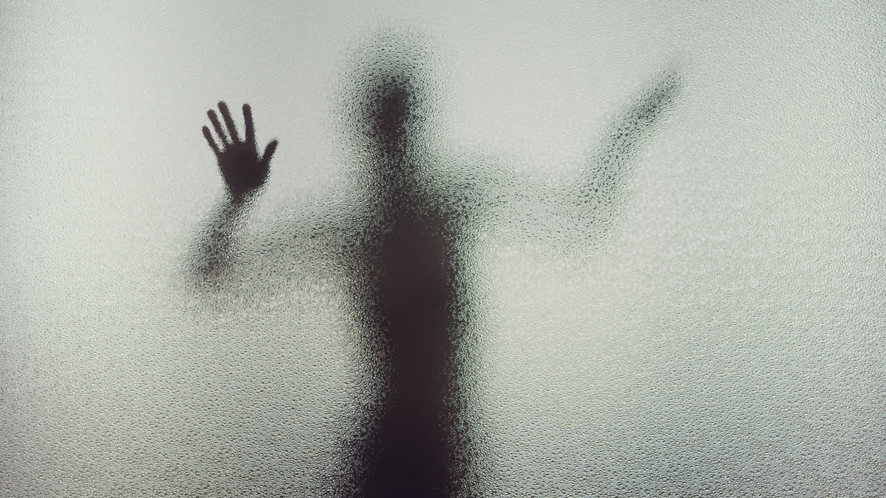 Silhouette of a person behind frosted glass