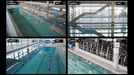 four security camera views of large swimming pool sports facility interiors, slow motion