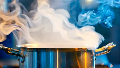 a pot of boiling water on a stove with steam coming out of it