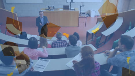 animación de los iconos de los artículos escolares sobre los estudiantes y el maestro en el aula