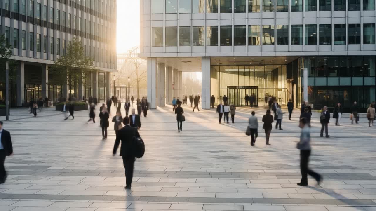 People Walking in a Modern Business District Plaza