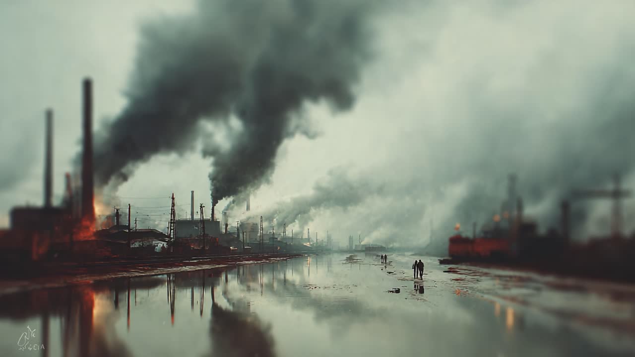 A haunting view of an industrial landscape shrouded in smoke, reflecting on water, where figures walk along the shore amidst rising pollution and misty atmosphere