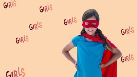 animation of girl in superhero costume over multiple girl power text on pink