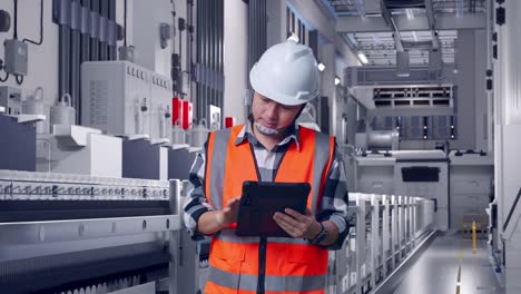 asian male engineer with safety helmet working on a tablet while standing at pharmaceutical factory, vaccine production facility
