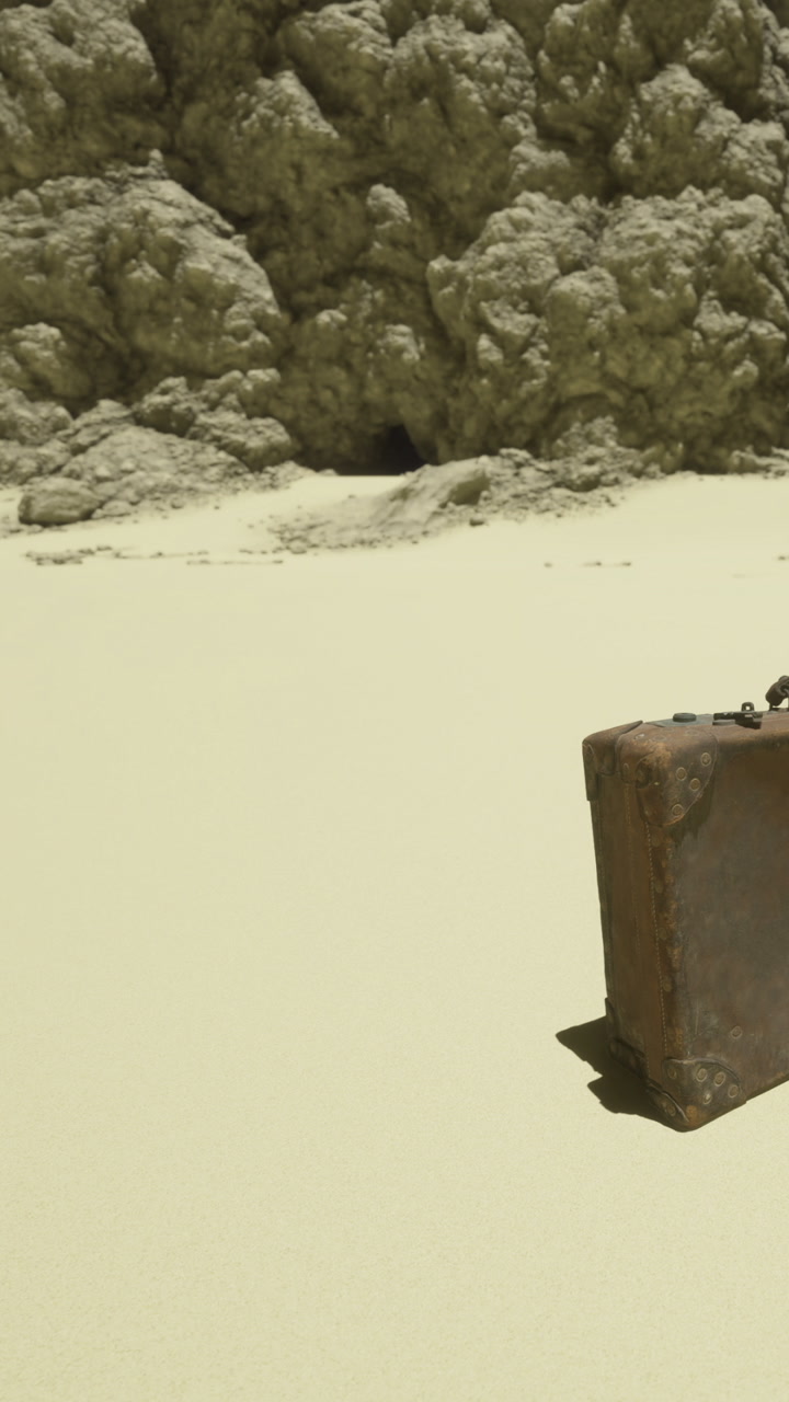 Brown suitcase on sandy ground near rocky formation in desert area