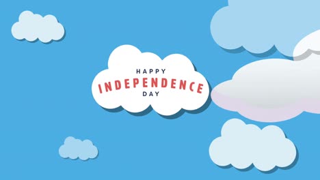 animation of happy independence day text over white cloud on blue background