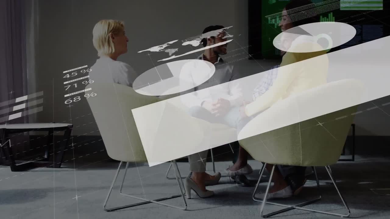 인포그래픽 인터페이스의 애니메이션, 다양한 동료들이 사무실에서 휴식 중에 대화를 나누고 있습니다.